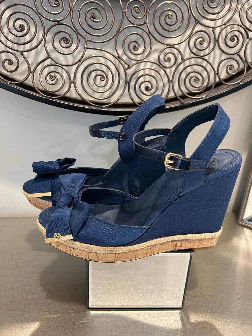 Tory Burch Navy Bow Espadrille Wedge Sandals